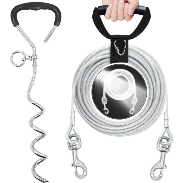 Hundeutendørsledning og -stake med håndtak som ikke floker seg, reflekterende hundegårdskjede 30/15/10 fot for hagecamping, hundebånd og jordanker for mellomstore 10FT