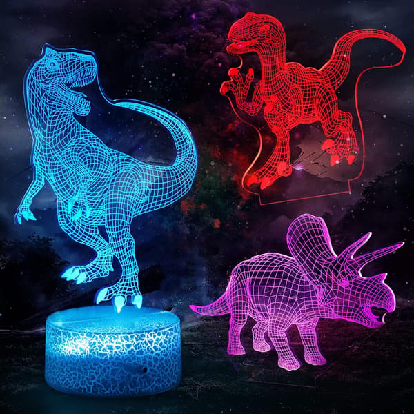 Dinosaur 3D Nattlampe, 3D Illusjon Bordlamper med 7