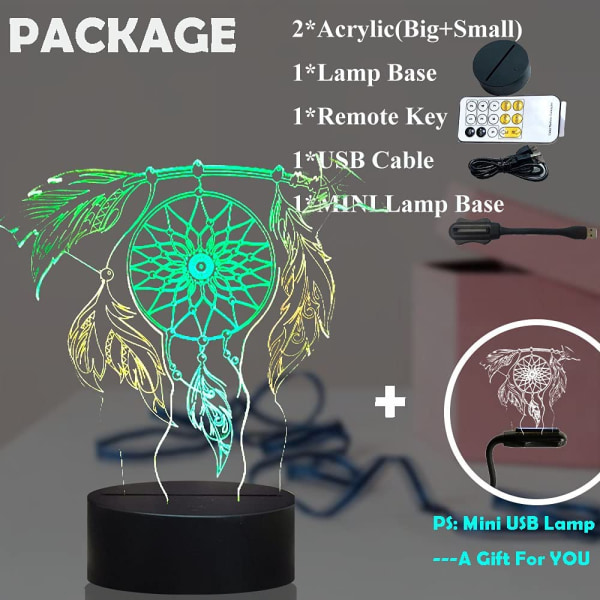 Dream Catcher 3D LED Nattljus Dubbel färgglad fjäder Circu