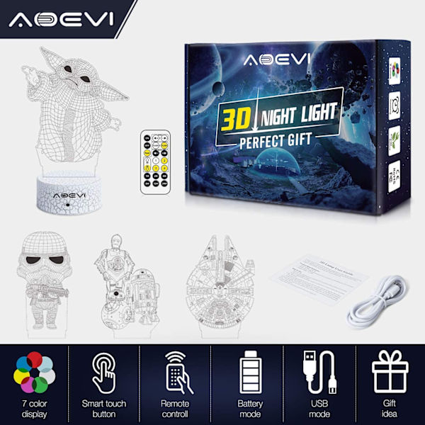 Star Wars-gåvor 3D nattlampa för barnrumsinredning, Star Wars-leksaker med 7 färger som byter Starwars-lampa med fjärrkontroll och timer, gåvor till bror