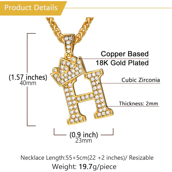 Krone Initial A-Z Halskæde, Iced Out Bogstav Vedhæng med 22-24 Tommer Kæde, Mænd Kvinder Bling Hip Hop Alfabet Navn Smykker Gave Store Initialer Halskæder H 18K Gold