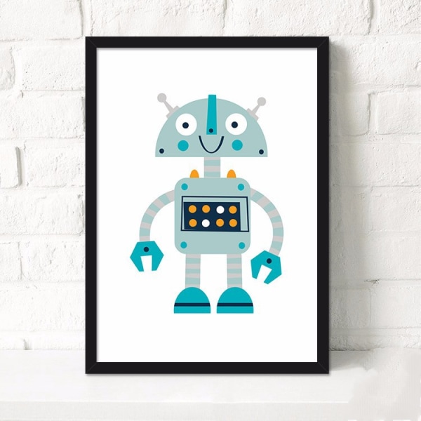 Cartoon Robot Väggkonst Canvas Tryck Affisch, Enkelt Sött Vattenfärg Konst Ritning D