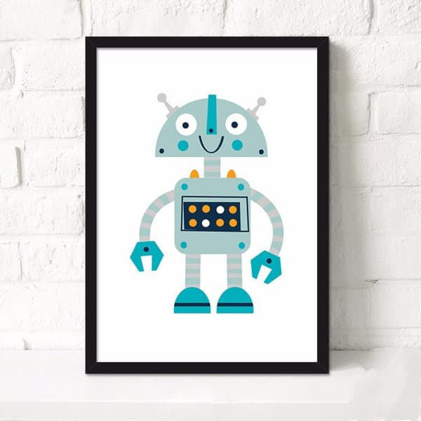 Tegneserie Robot Vægkunst Lærredstrykplakat, Simpel Sød Akvarel Kunsttegning D