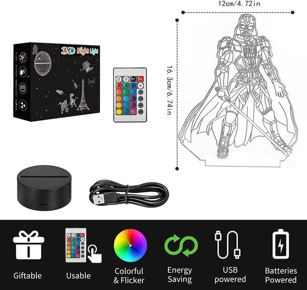 3D Star Wars Lampe, LED Illusion Natlampe, 16 Farver Skiftende