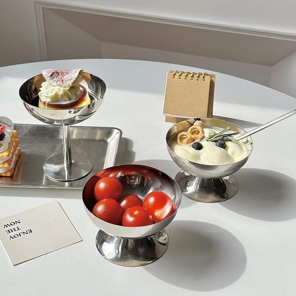 4-pak Fodede Iscremebægre i Rustfrit Stål - Mini Runde Dessertskåle til Yoghurt, Snack, Sauce, Frugtbudding & Julefrokost Tall*4