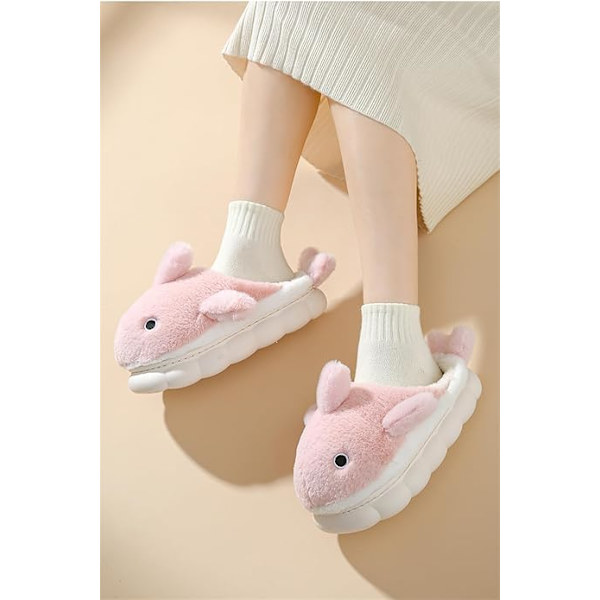 Plush Hemtofflor för Män och Kvinnor, Cartoon Haj Djur Bomulls-tofflor, Vinter Inomhus Varma Tofflor, Mjuka och Bekväma Tjocksulor Pink 36-37
