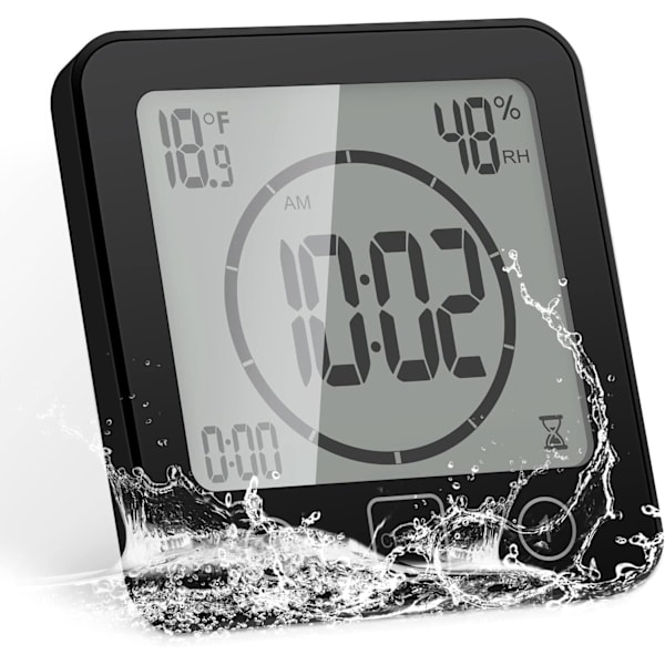 Duschklocka Vattentät, Digital Klocka Timer Klocka med Alarm, Badrumsklocka med Sugkopp, Temperatur Fuktighetsdisplay, 3 Monteringsmetoder Black