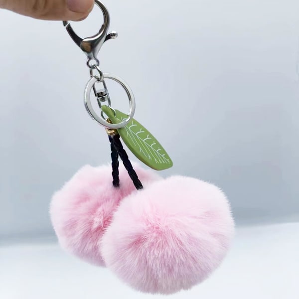 Pom Pom Nøkkelring Kunstig Pels Ball Nøkkelringer Fluffy Tote Anheng Bil Veske Sjarme Cherry Light Pink