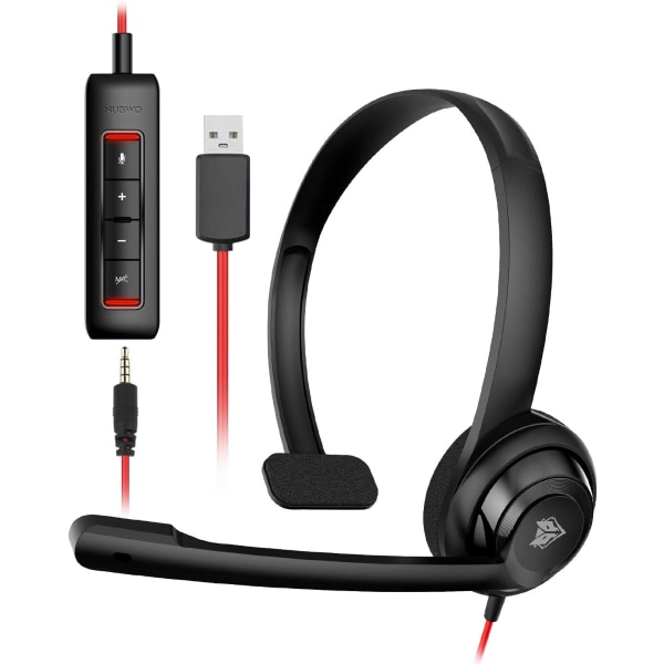 HW02 USB-headset med mikrofonstøjreduktion og in-line-kontrol, Super Light, Ultra Comfort Computer Headset til bærbar pc, On-Ear Kablet Office Ca Black