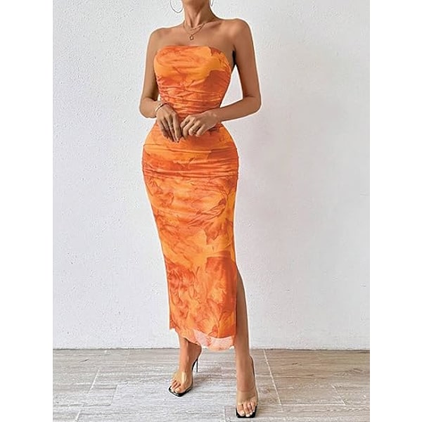Sommerkjole til kvinder med print, stropløs tube top kjole, bodycon maxikjole med sideslids og lag af mesh S