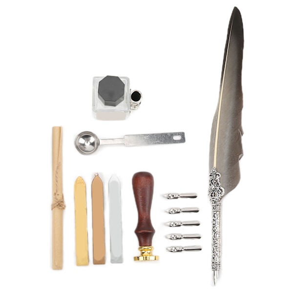 Fjäderpenna Set Mjuk Skrivande Retro Design Snidning Utseende Kalligrafi Penna Kit för Skrivning PresentSFDPS038031 Spetsig Grå Fjäder