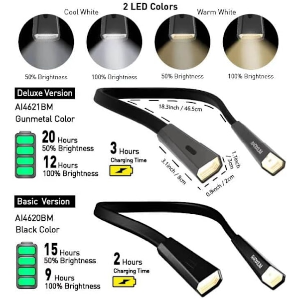 LED-halslampa för läsning, laddningsbar, multifunktionell boklampa för läsning i sängen och camping, 4 ljusstyrkenivåer, böjbara armar, supermjuka material Black