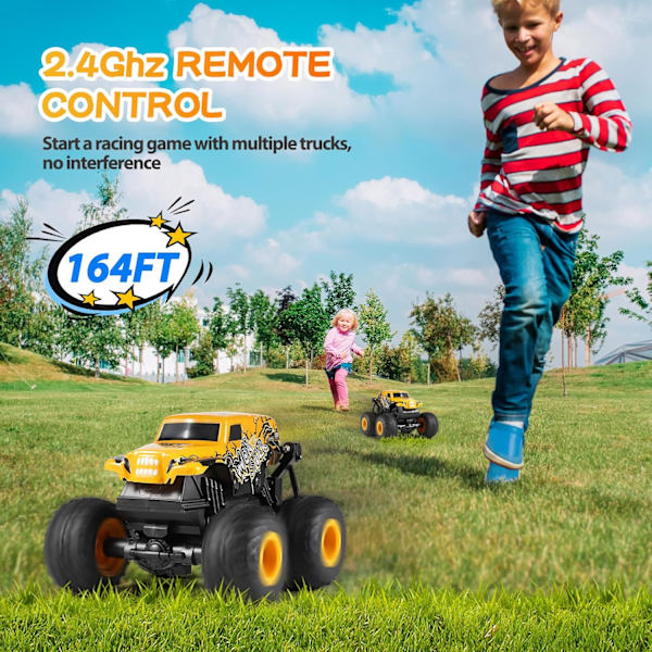 Fjärrkontrollbil, 2,4 GHz terränggående monstertruckleksaker, RC-lastbil med musik, 3 ljuseffekter, 360 stuntförmåga, leksakspresenter till pojkar och flickor Yellow