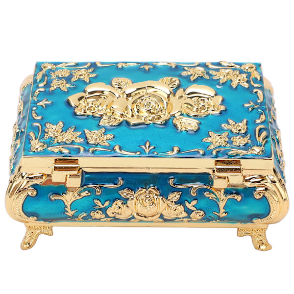 Vintage smyckeskrin i vintage-stil i zinklegering med blank, glänsande, livfulla färger, reptålig, mjuk sammet, liten smyckeskrin, guld och blå