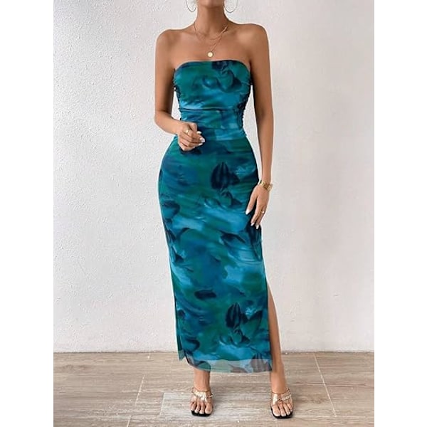 Sommerkjole til kvinder med print, stropløs tube top kjole, bodycon maxikjole med sideslids og lag af mesh M