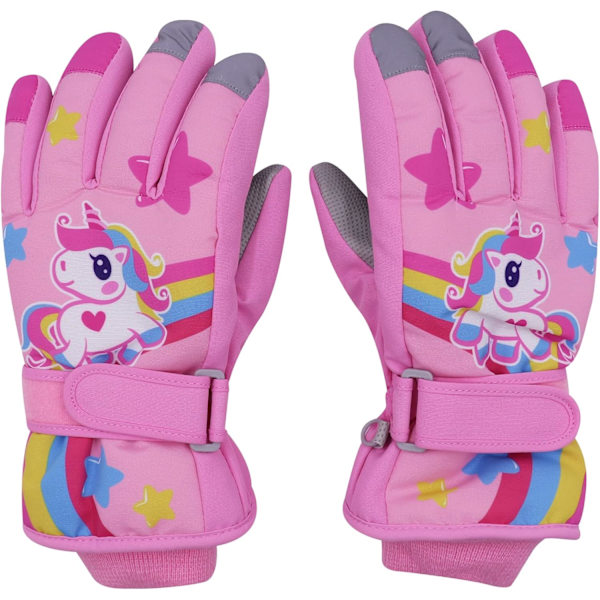 Søte Unicorn-hansker for barn, vanntette vinter-skifløyelsfôrede snøhansker, termiske varme votter for 3-9 år gamle gutter og jenter Pink M