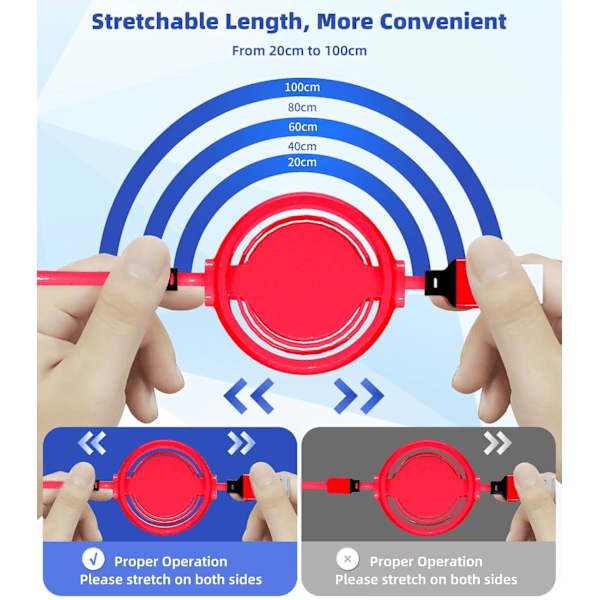 3-i-1 Retraktil Laddningskabel [3A, 1m] Multi USB-kabel Snabbladdare för Telefon, Samsung, iPad, Surfplattor, Switch och Mer Red