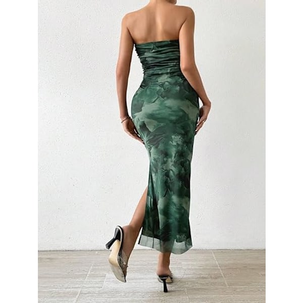 Sommerkjole til kvinder med print, stropløs tube top kjole, bodycon maxikjole med sideslids og lag af mesh M