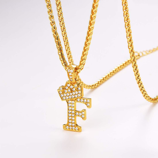 Krone Initial A-Z Halskæde, Iced Out Bogstav Vedhæng med 22-24 Tommer Kæde, Mænd Kvinder Bling Hip Hop Alfabet Navn Smykker Gave Store Initialer Halskæder F 18K Gold