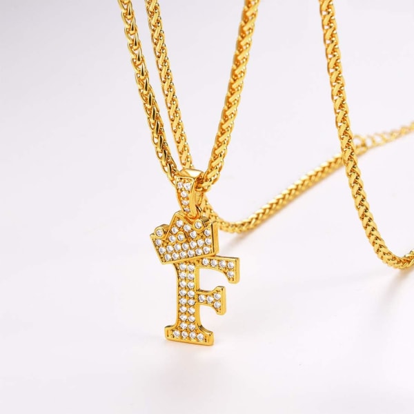 Krone Initial A-Z Halskjede, Iced Out Bokstavanheng med 22-24 Tommers Kjede, Menn Kvinner Bling Hip Hop Alfabet Navn Smykker Gave Store Initialer Halskjeder F 18K Gold