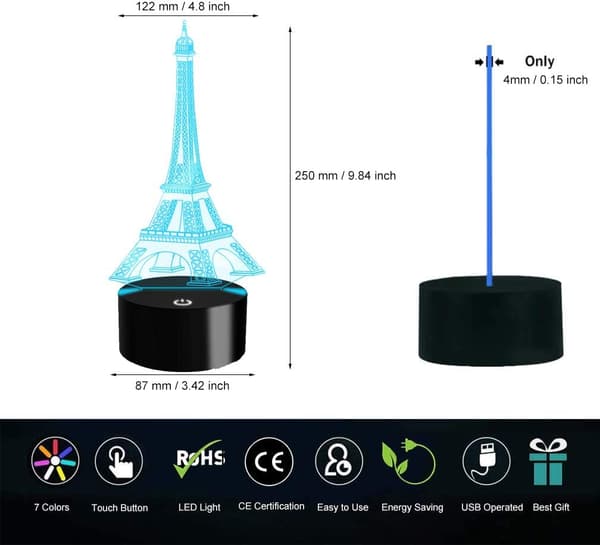 3D Illusion Lamp Eiffeltornet LED Nattljus Touch Control