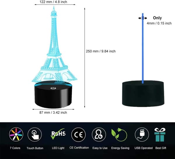 3D Illusion Lampe Eiffeltårn LED Natlys Touch Control