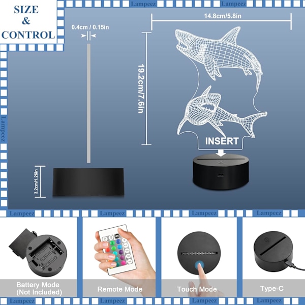 Barn 3D Haj Nattlampa Optisk Illusionlampa med 16 Färger Fjärrkontroll Bytbar Födelsedagspresent Idé för Pojkar och Flickor