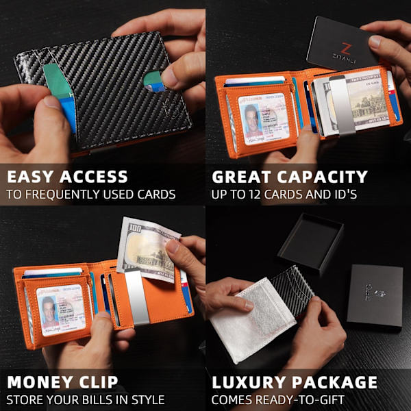 Slim plånbok för män presenter 12 kortplatser ID-fönster med pengaclip minimalistisk RFID framficka bifold läder liten tunn presentask pappa födelsedag Christ Carbon Black and Orange