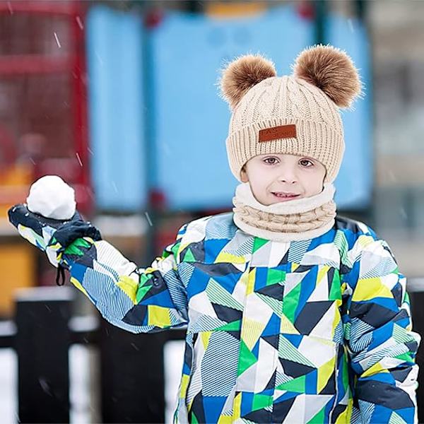 Vinterlue Set for Barn - Hette, Halsvarmer og Hansker - Strikket Lue med Fleecefôr for Småbarn 2-5 År Beige