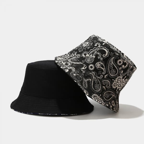 Unisex Cashew Flower Pattern Print Bucket-Hat Double-Side-We Black