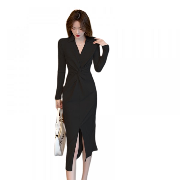 V-hals Rynket Slids Twist Front Midi Kjoler Sort (Sort XL)