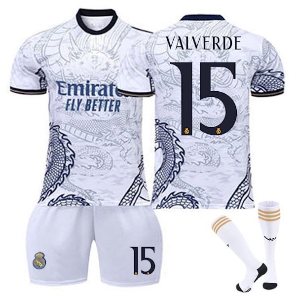 23-24 Real Madrid Dragon White Special Edition Fodboldtrøjer Børns fodboldsæt No.15 Valverde L