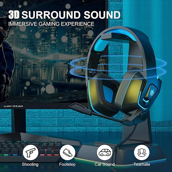 Trådbundet spelheadset, trådbundet PC-headset för Xbox One, PS5, PS4, bärbar dator, Switch, H2 Over-Ear-spelhörlurar med brusreducerande mikrofon och LED-ljus och V