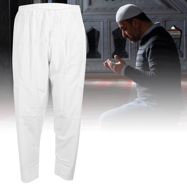 Herr Muslim Byxor Polyester Bomull Lös Stil med Midja Elastiskt Band Afghanska Byxor Kläder(Vit L)