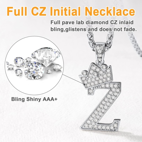 Krone Initial A-Z Halskjede, Iced Out Bokstavanheng med 22-24 Tommers Kjede, Menn Kvinner Bling Hip Hop Alfabet Navn Smykker Gave Store Initialer Halskjeder Z Silver