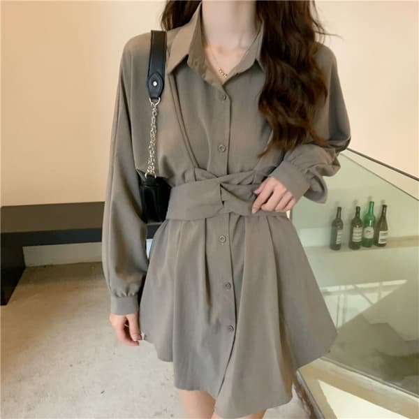 Belted Button up Collar Summer Short Shirt Dress(Grøn)