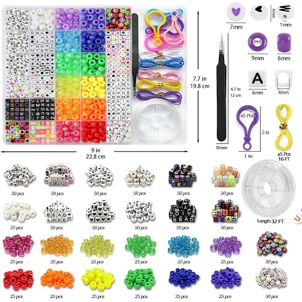 1300 stk DIY barneperler armbåndssett, med hesteperler, bokstavperler og elastisk snor, fargerike charms, brukt til tilpasset halskjede 1300pcs