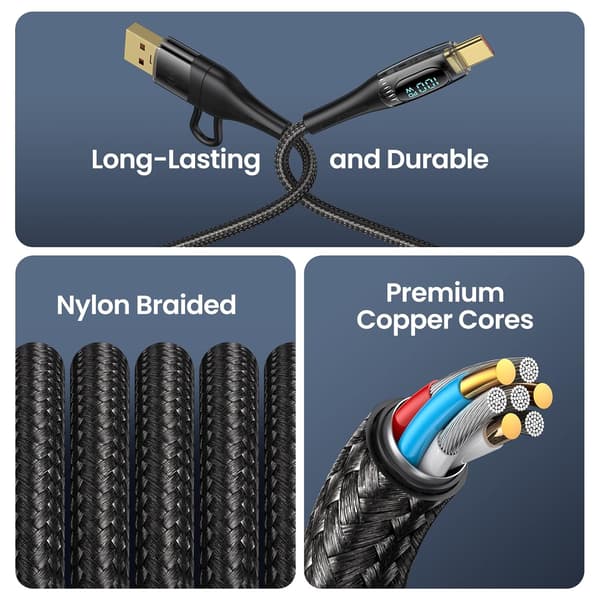 USB-C til Multiladerkabel, USAMS 100W 4FT 5A Type C til Type C Rask Laderledning med LED-skjerm 5-i-1 C/A til C/Micro/IP Synkroniseringsladeradapter Black 1.2m