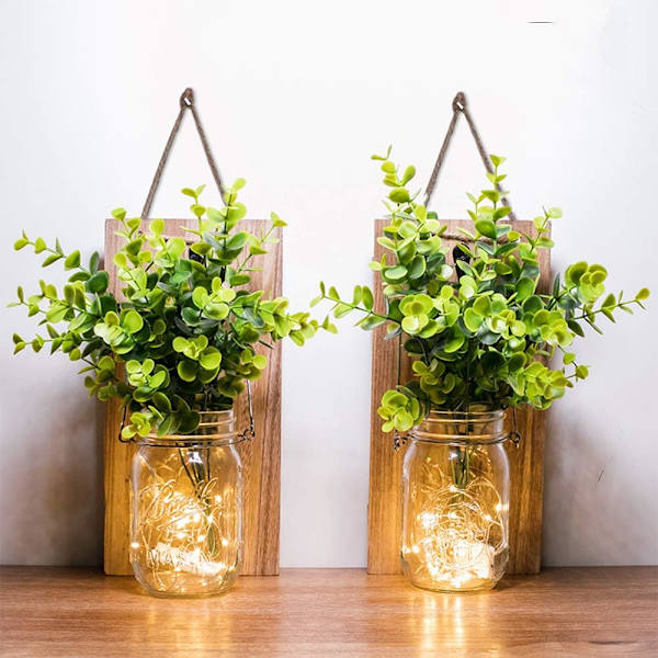 Rustika vägglampor, Mason Jar-lampor, bondgårdsdekor, LED-fe-lampor, grön konstgjord växt, varmtonad belysning för inredning. (2-pack)
