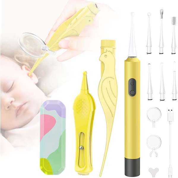 Öronvaxavlägsningssats med 2 LED-lampor, 12-pack öronvaxrengöringsverktyg med förstoringsglas för barn och vuxna, inbyggt USB-öronvaxavlägsningsverktyg med S Yellow