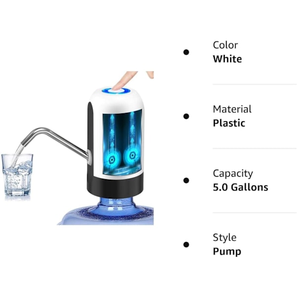 Automatisk drikkevandspumpe, USB-opladning, bærbar elektrisk vanddispenser tænd/sluk-knap, til 5 gallon (ca. 15,7 liter) universel flaske White