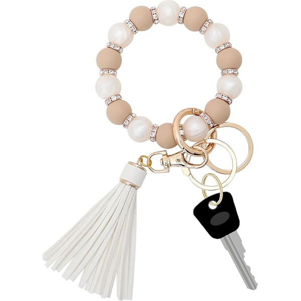 Silikon nøkkelring armbånd for kvinner, elastisk perlearmbånd nøkkelring med zirkon og dusk til morsdaggave Brown