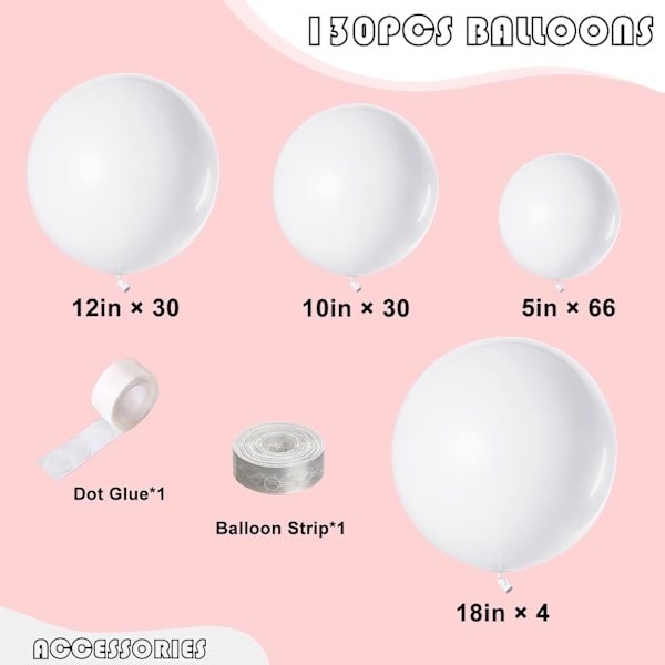 130 stk. hvide balloner i forskellige størrelser 18\" 12\" 10\" 5\" ballonbue guirlande sæt perfekt til fødselsdagsfest, dimission, babyshower, bryllup, ferie D White