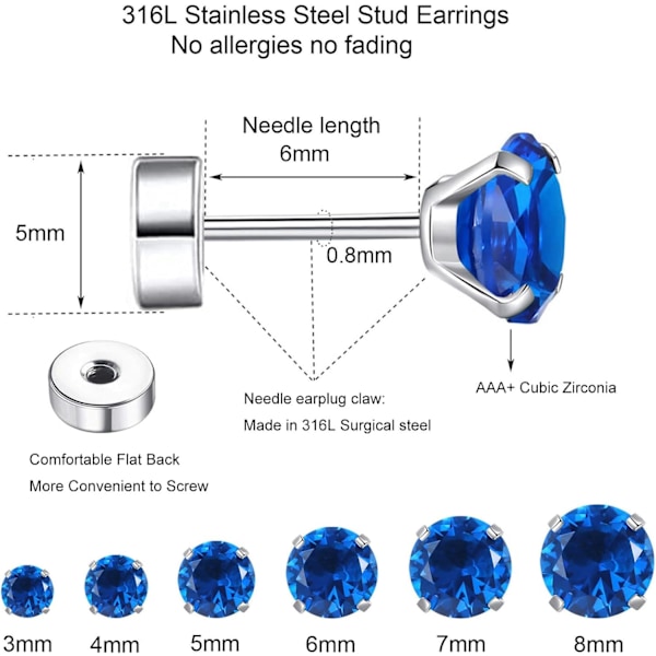 7 Par Hypoallergena Örhängen i Kirurgiskt Stål med Gänga för Brosk, Helix, Lobe | Cubic Zirconia Platt Baksida Örhängen för Kvinnor | Royal blue
