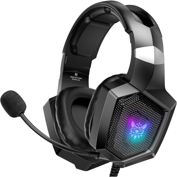 Gaming-headset med mikrofon, gaming-hovedtelefoner kompatible til PS4 PS5 Xbox PC med RGB-lys, Playstation-headset med støjreduktion 7.1 Surrou Black