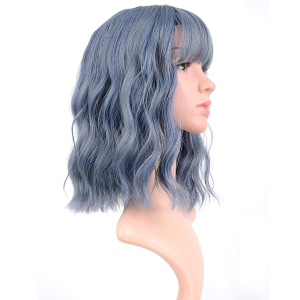 Kvinde Kort Paryk Pastel Bølget Paryk Med Luft Pandehår Krøllet Bølget Skulderlang Pastel Cosplay Paryk Til Piger Daglig Brug Farverige Parykker(12\",  Blå)