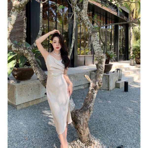 Halsband Remmar Glida Sexig Cut Out Cocktail Midi Klänning(Beige L)