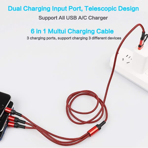 Multi-opladerkabel (3-pak, 1,2 m) 6 i 1 USB A/C til USB C/Micro USB/i-P-stik Flere opladerkabler til mobiltelefon/IP/Galaxy/PS/iPads og mere
