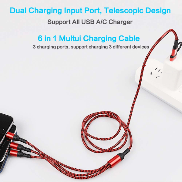 Multiladdningskabel (3-pack, 1,2 m) 6 i 1 USB A/C till USB C/Micro USB/i-P-kontakt Flera laddningskablar för mobiltelefon/IP/Galaxy/PS/iPads och mer