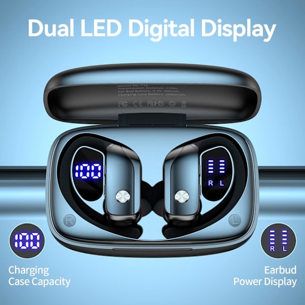 Langattomat nappikuulokkeet Bluetooth-kuulokkeet 48 tunnin toistoaika Urheilukuulokkeet LED-näytöllä Korvan yli -nappikuulokkeet korvakoukuilla Sisäänrakennettu mikrofoni Kuulokemikrofoni Treeniin B Black